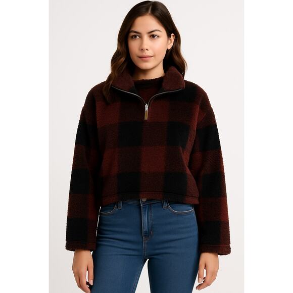 Buffalo Plaid Sherpa Half Zip Pullover Jacket – Burgundy Black – Women’s Medium - Picture 2 of 9